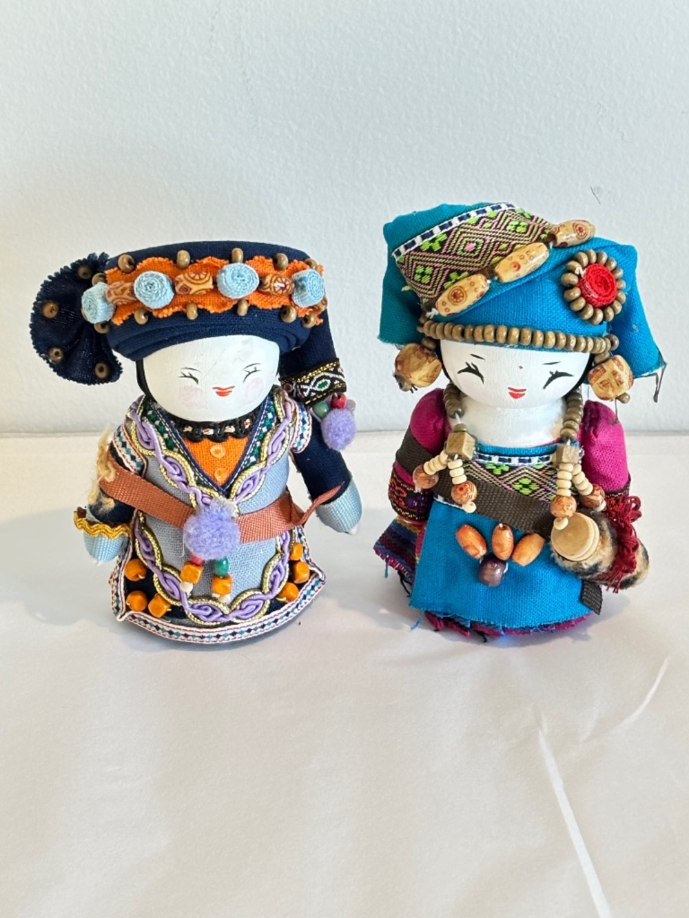 Vintage Chinese folk art dolls SET OF TWO hand-painted wooden faces traditional